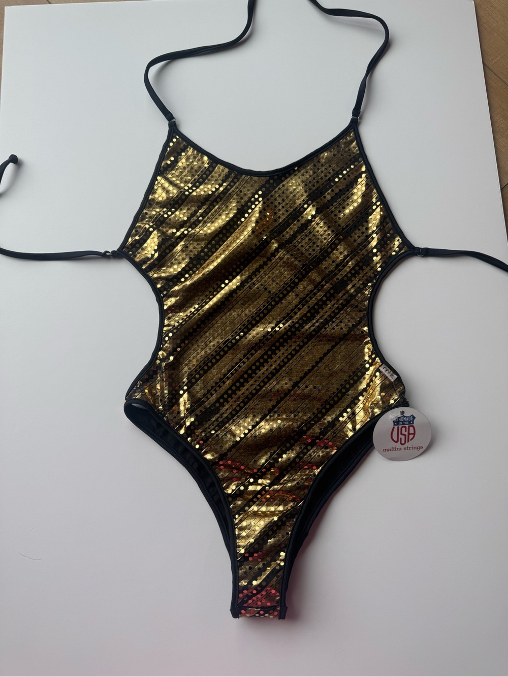 Malibu Strings Gold Metallic High Cut Monokini Swimsuit NWT M